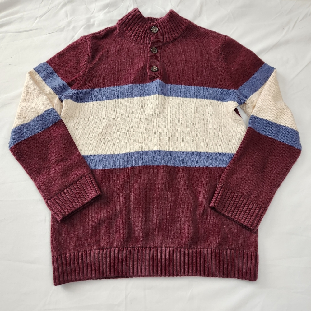 Sonoma 3-Button Mock Neck Burgundy Striped Knit Sweater | Boys Size M 10/12